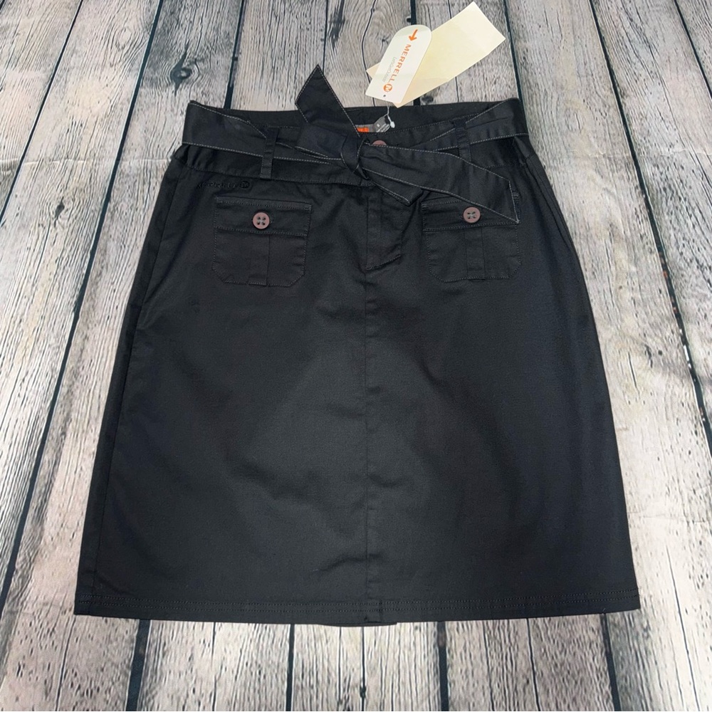 Merrell NWOT Tie Belt A-Line Black Khaki Skirt Cargo Knee Length Cotton Size 8